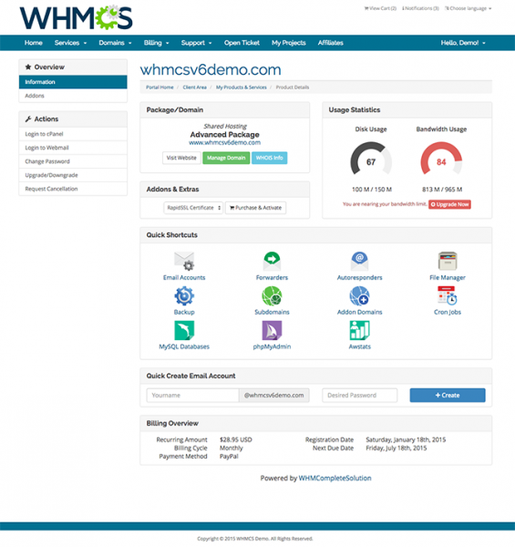 WHMCS cPanel Client Area