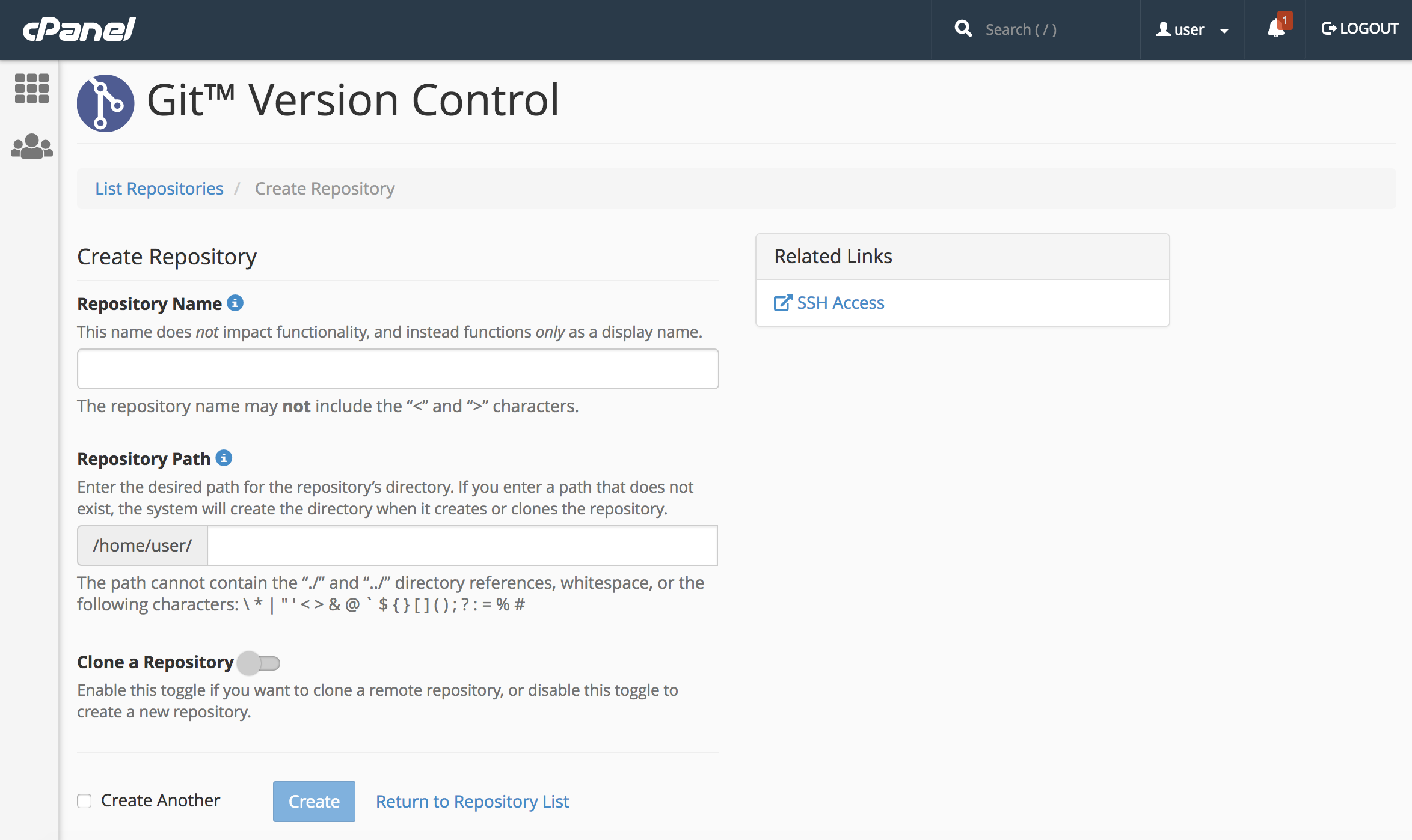 Git Version Control interface in cPanel 