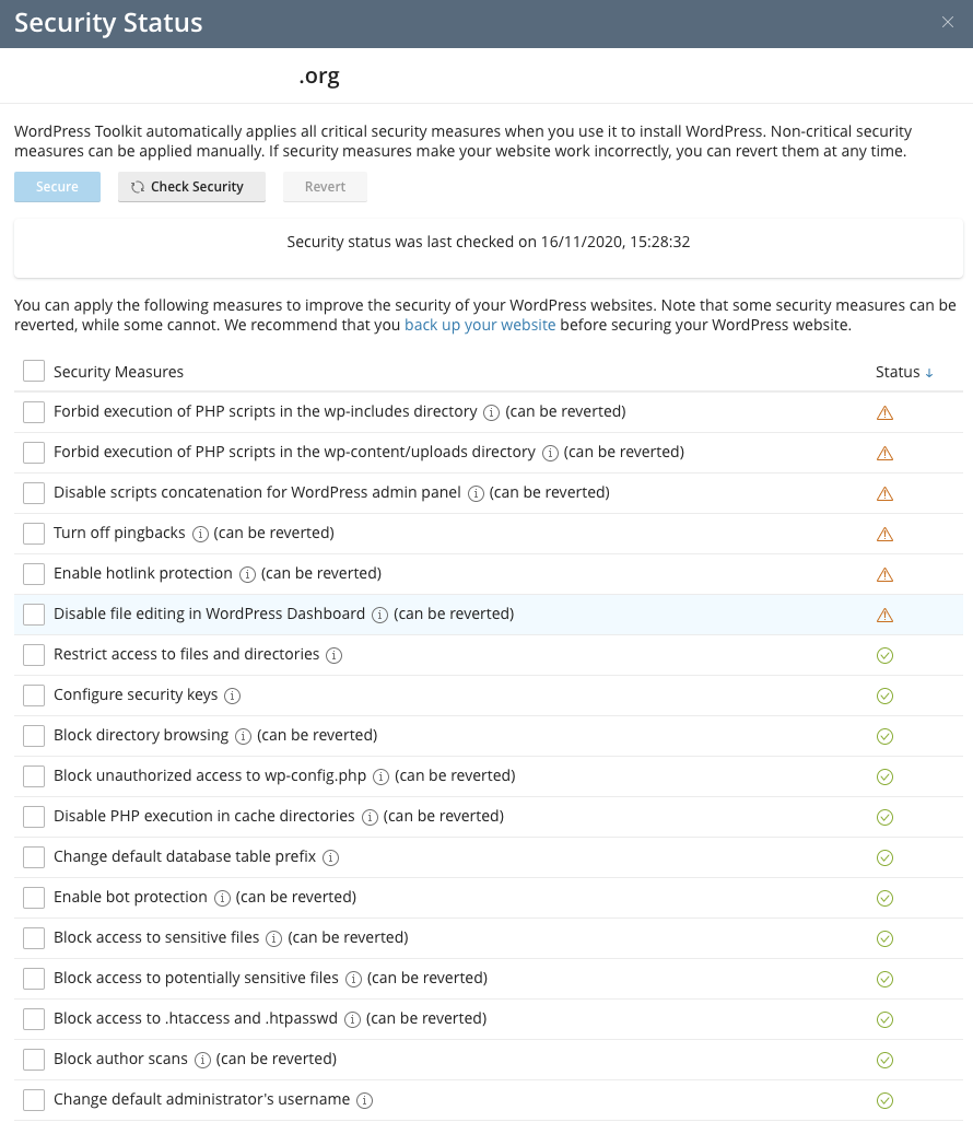 cPanel WordPress Toolkit Security Status