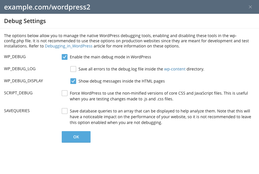 WordPress Debug Settings