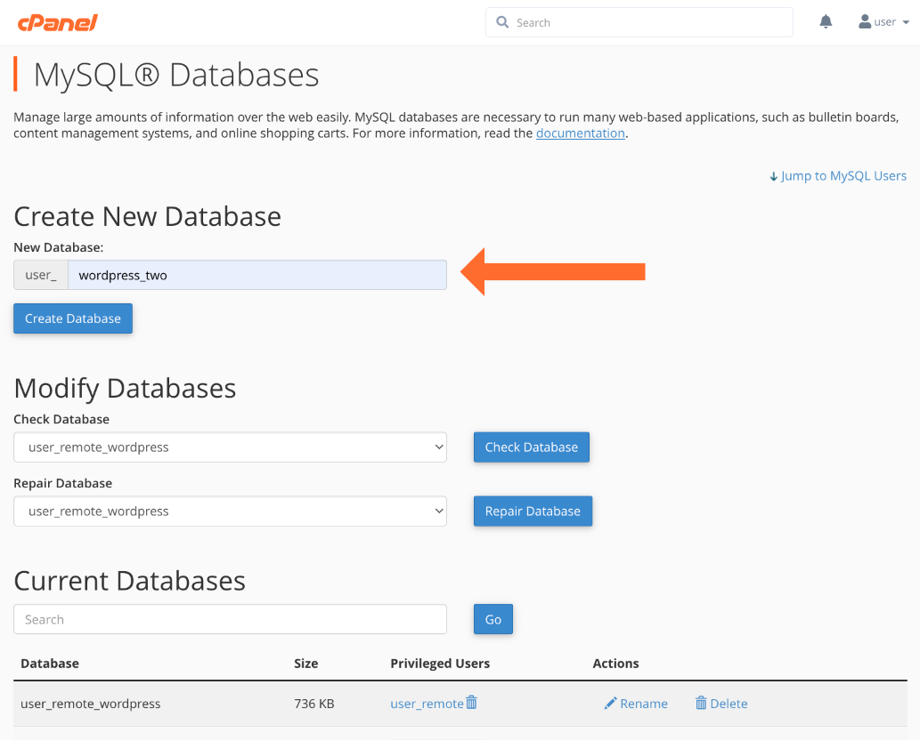 01 cpanel create database